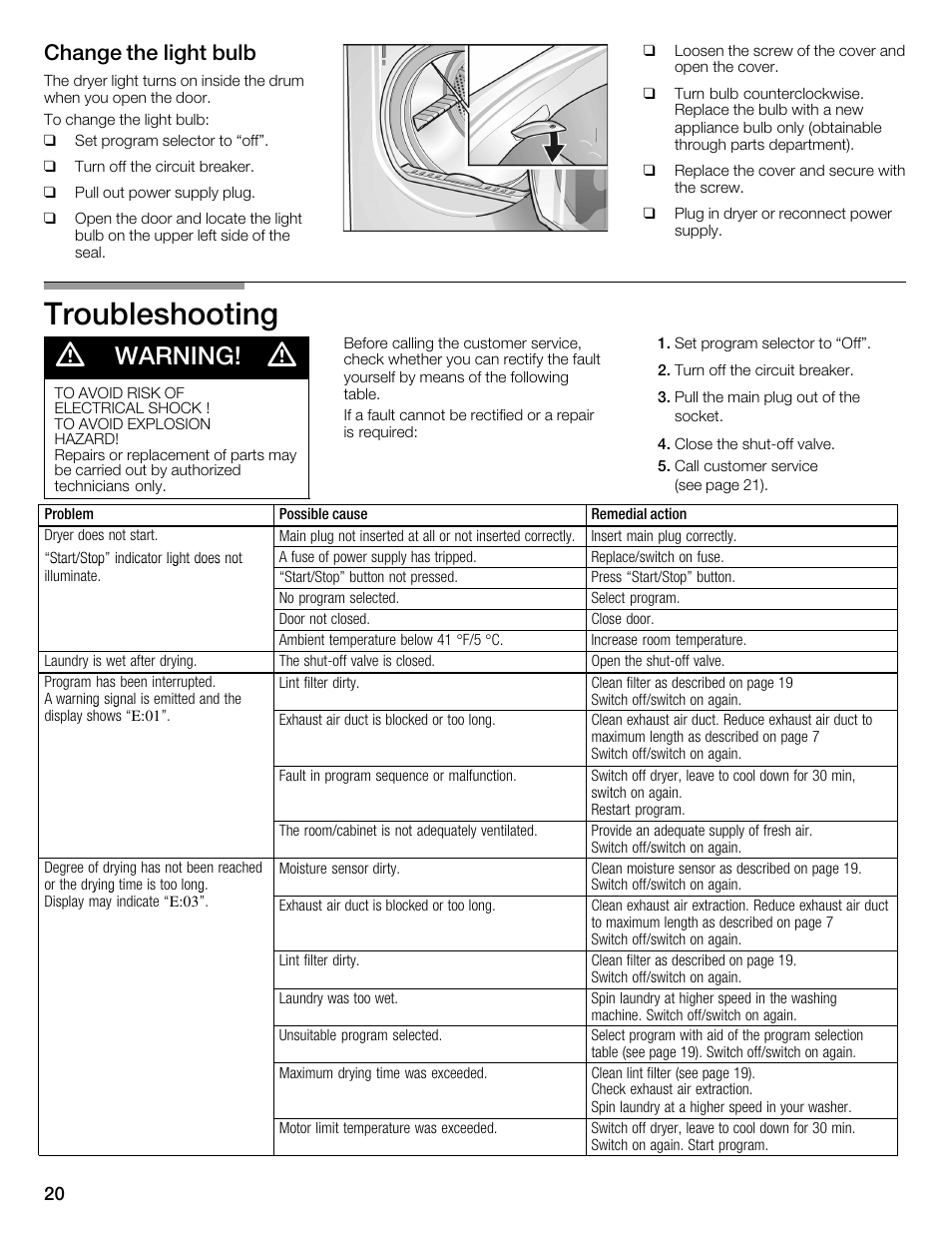 Troubleshooting d, Warning, Change the light bulb | Bosch WTMC352SUC User Manual | Page 20 / 68