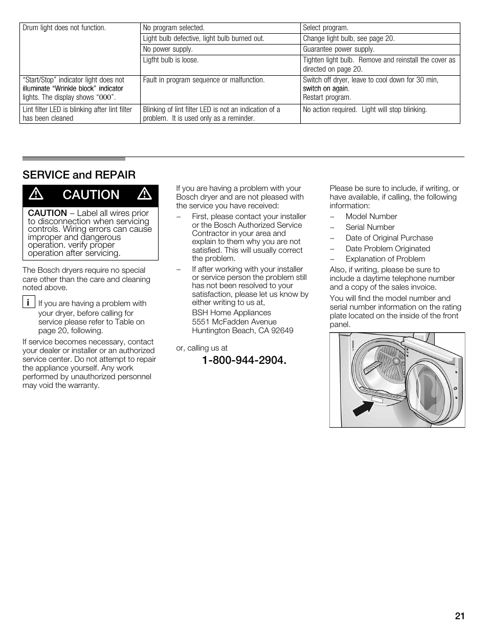 Caution, Service and repair | Bosch WTMC352SUC User Manual | Page 21 / 68