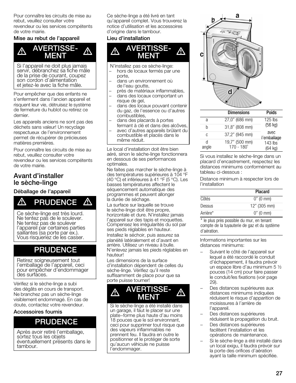 Avertisseć ment, Prudence, Avant d'installer le sèchećlinge | Bosch WTMC352SUC User Manual | Page 27 / 68