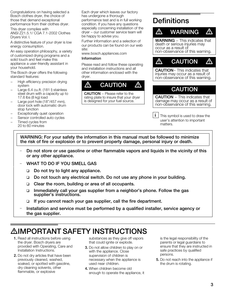 Definitions d, Dimportant safety instructions, Caution | Warning | Bosch WTMC352SUC User Manual | Page 3 / 68