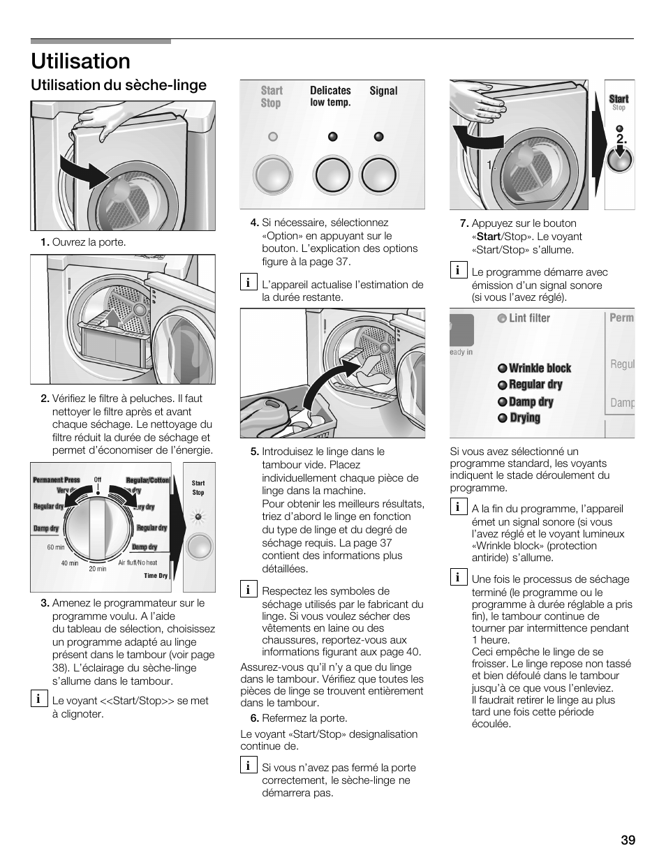 Utilisation, Utilisation du sèchećlinge | Bosch WTMC352SUC User Manual | Page 39 / 68