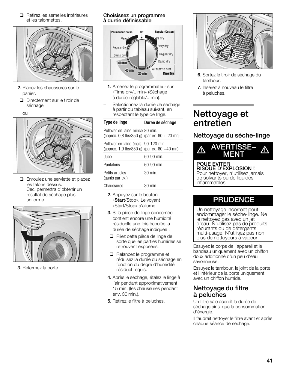 Nettoyage et entretien, Avertisse- ment, Prudence | Nettoyage du sèchećlinge, Nettoyage du filtre à peluches | Bosch WTMC352SUC User Manual | Page 41 / 68