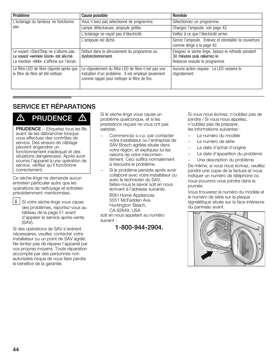 Prudence, Service et réparations | Bosch WTMC352SUC User Manual | Page 44 / 68