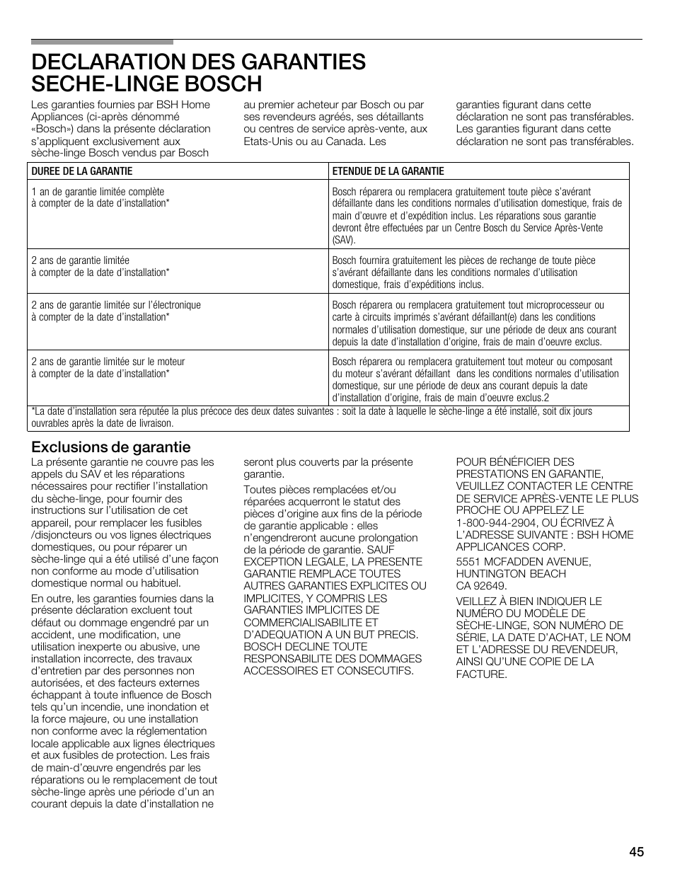 Declaration des garanties sechećlinge bosch, Exclusions de garantie | Bosch WTMC352SUC User Manual | Page 45 / 68