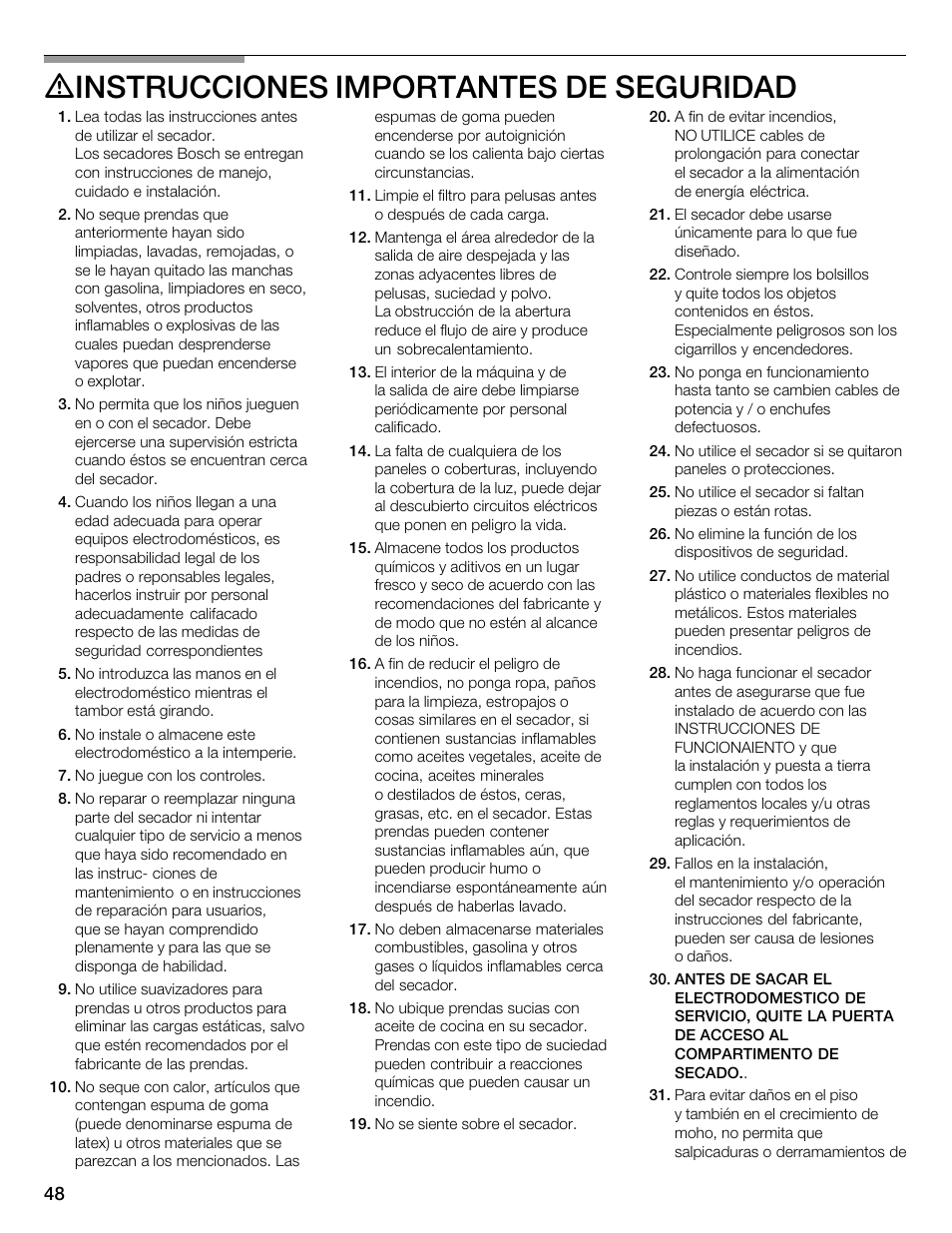 Dinstrucciones importantes de seguridad | Bosch WTMC352SUC User Manual | Page 48 / 68