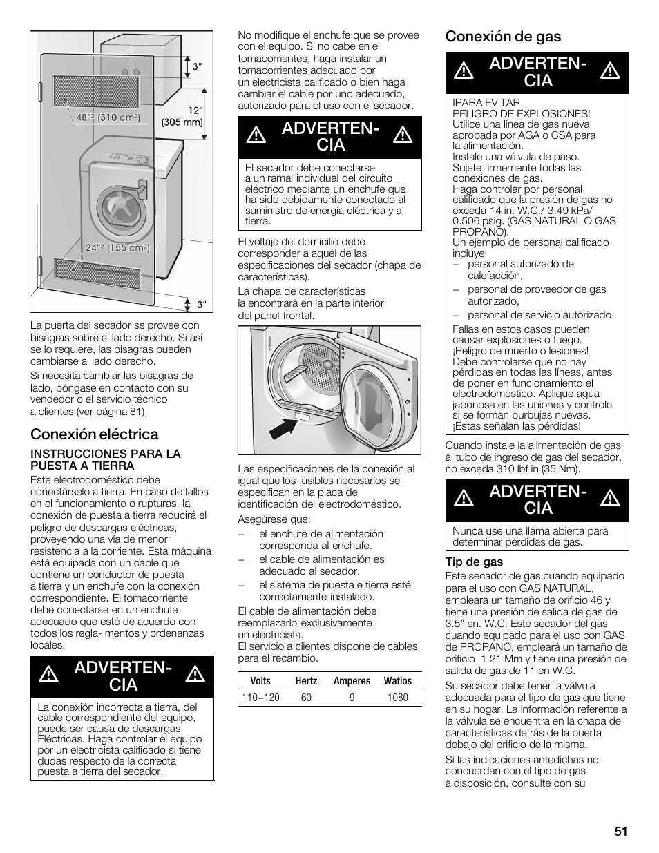 Advertenć cia, Conexión eléctrica, Conexión de gas | Bosch WTMC352SUC User Manual | Page 51 / 68