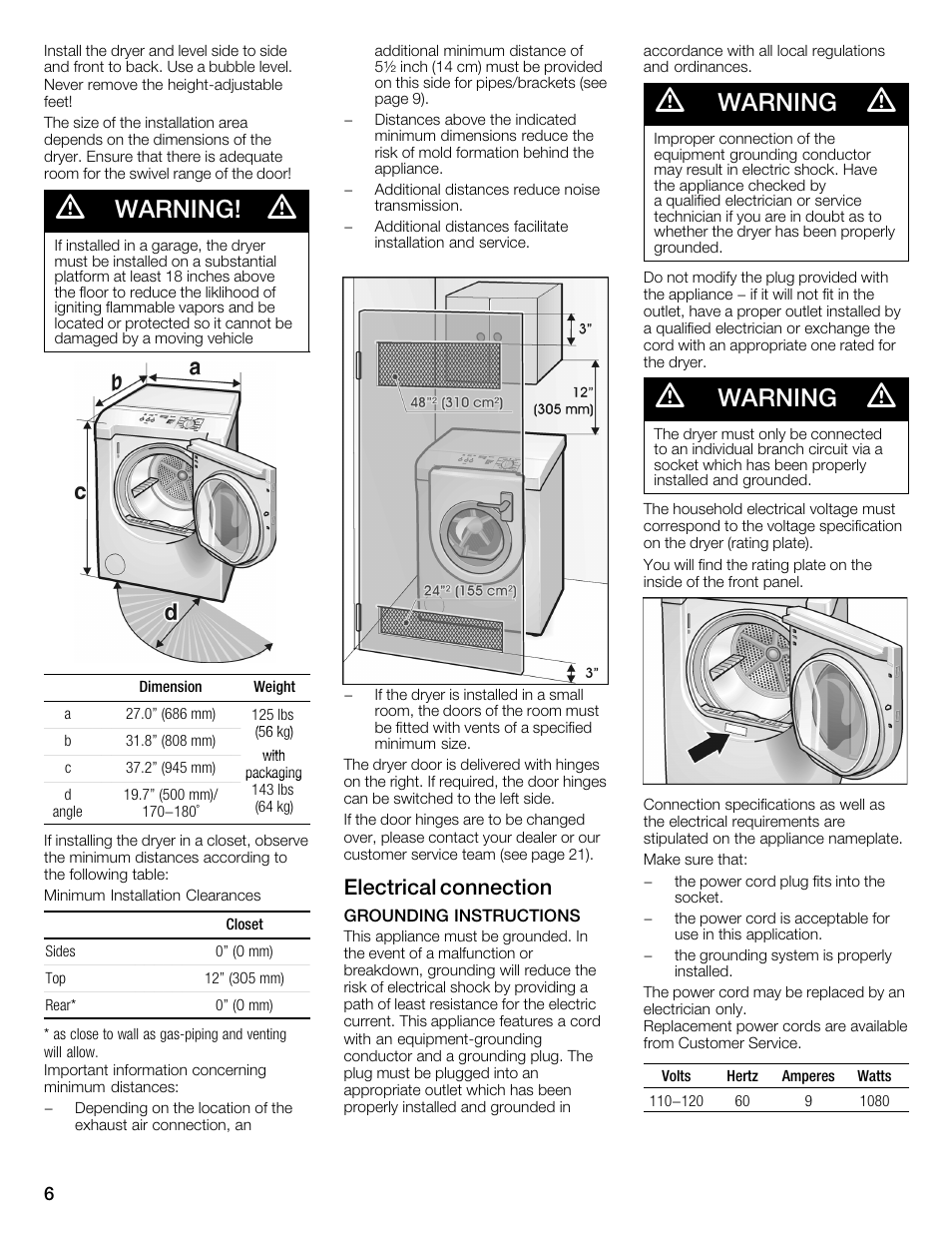 Warning, Electrical connection | Bosch WTMC352SUC User Manual | Page 6 / 68