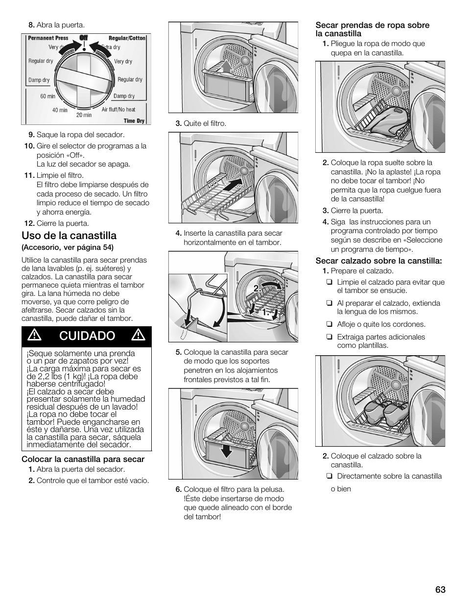 Cuidado, Uso de la canastilla | Bosch WTMC352SUC User Manual | Page 63 / 68