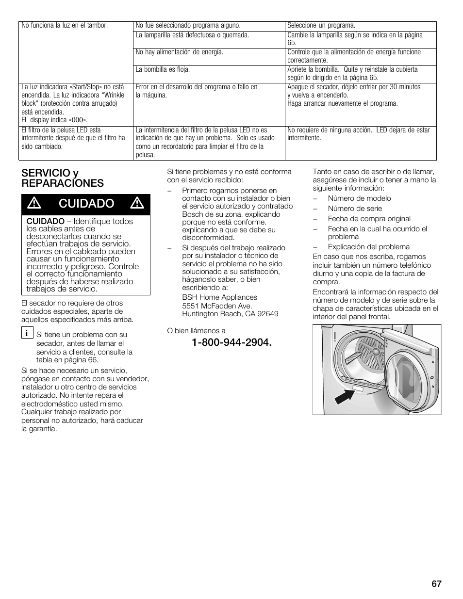 Cuidado, Servicio y reparaciones | Bosch WTMC352SUC User Manual | Page 67 / 68