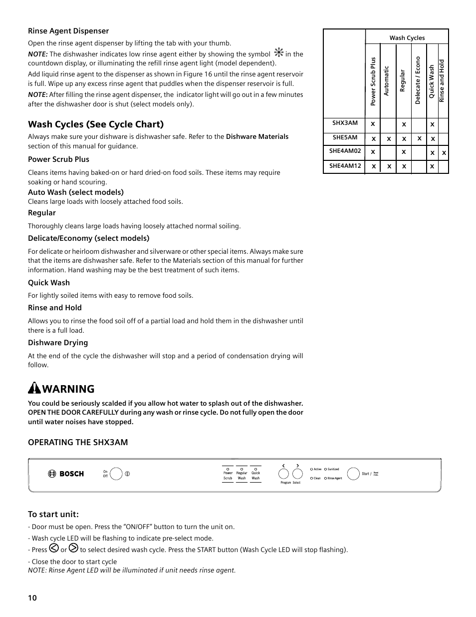 Warning, Wash cycles (see cycle chart) | Bosch SHE4AM User Manual | Page 10 / 64