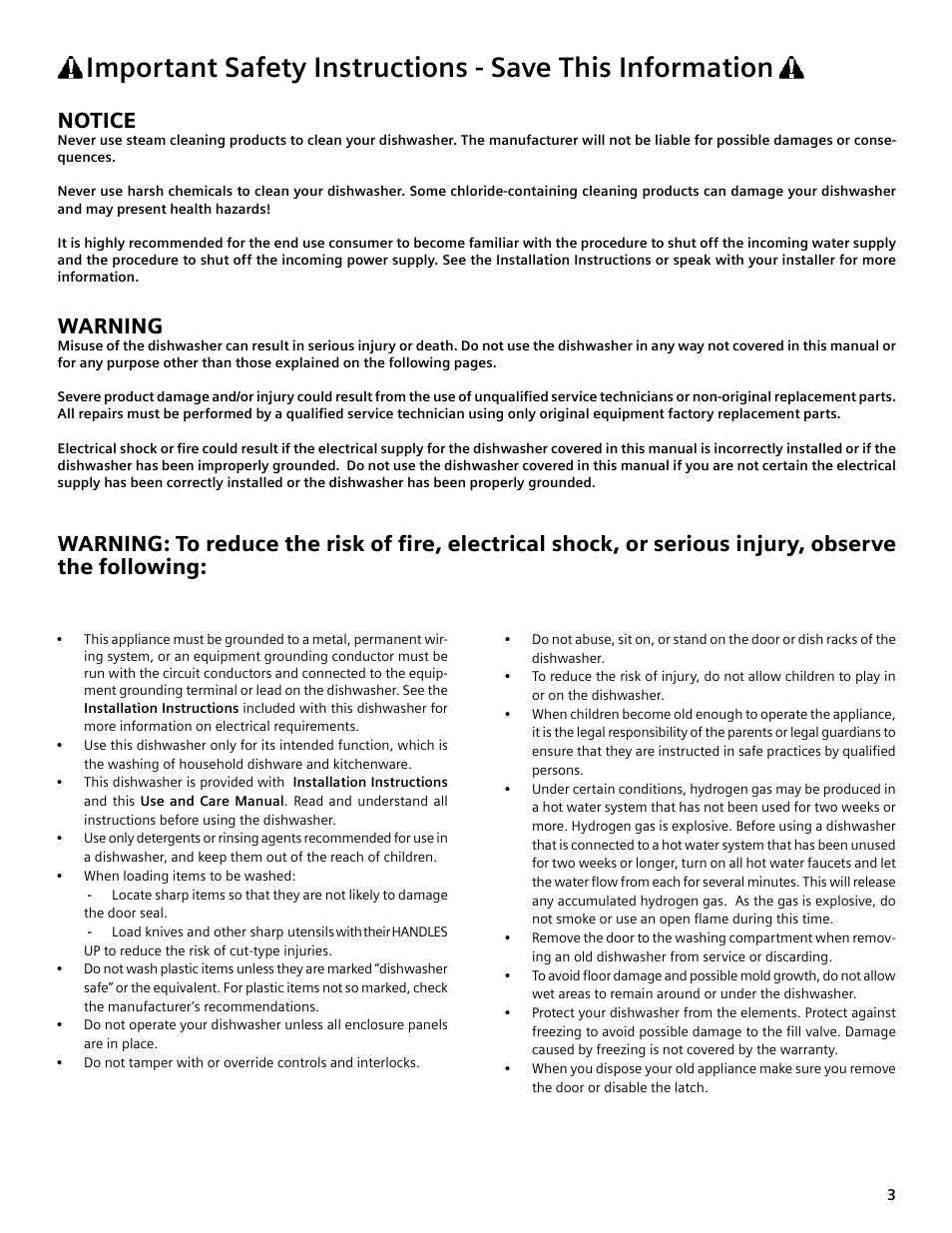 Notice, Warning | Bosch SHE4AM User Manual | Page 3 / 64