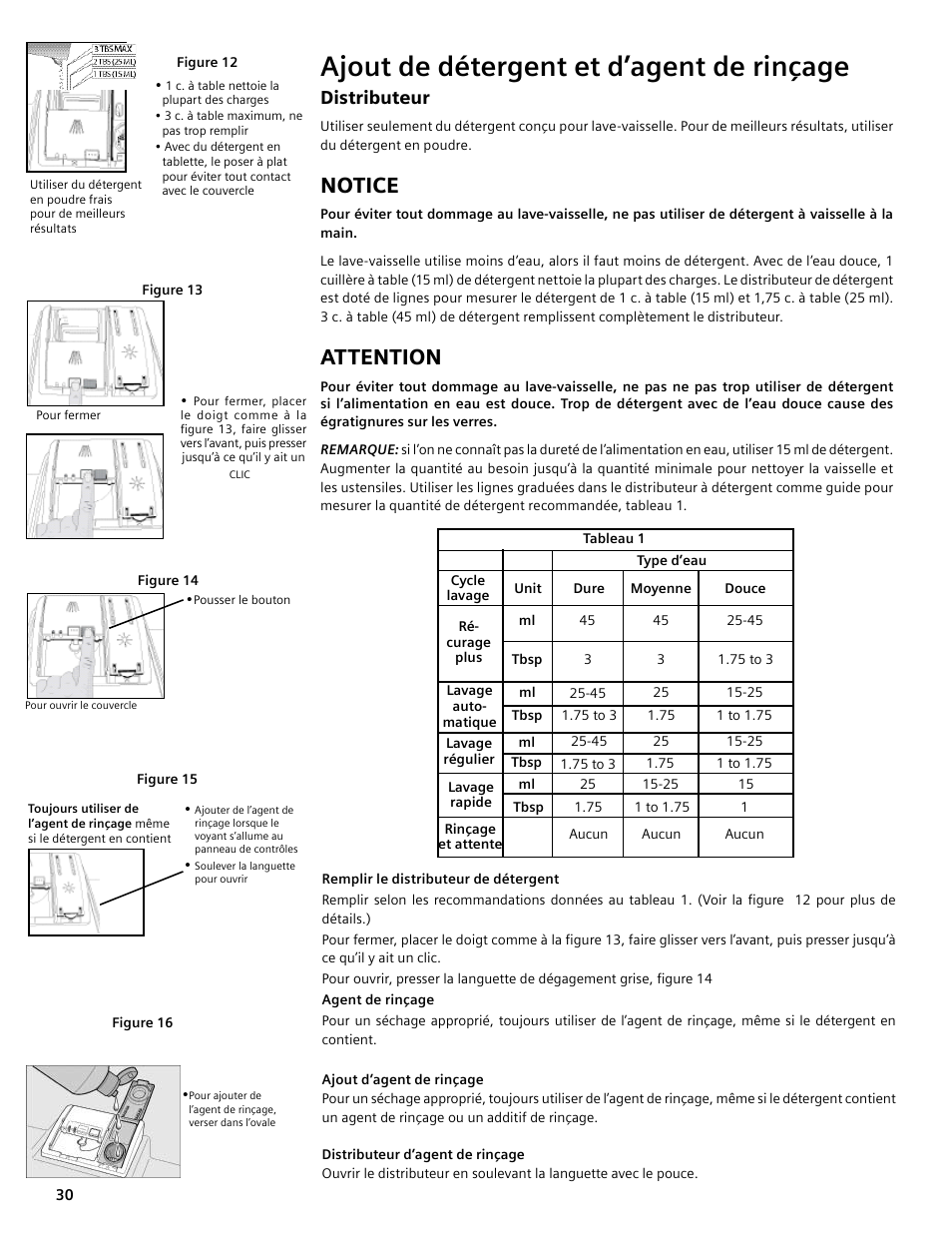 Ajout de détergent et d’agent de rinçage, Notice, Attention | Distributeur | Bosch SHE4AM User Manual | Page 30 / 64