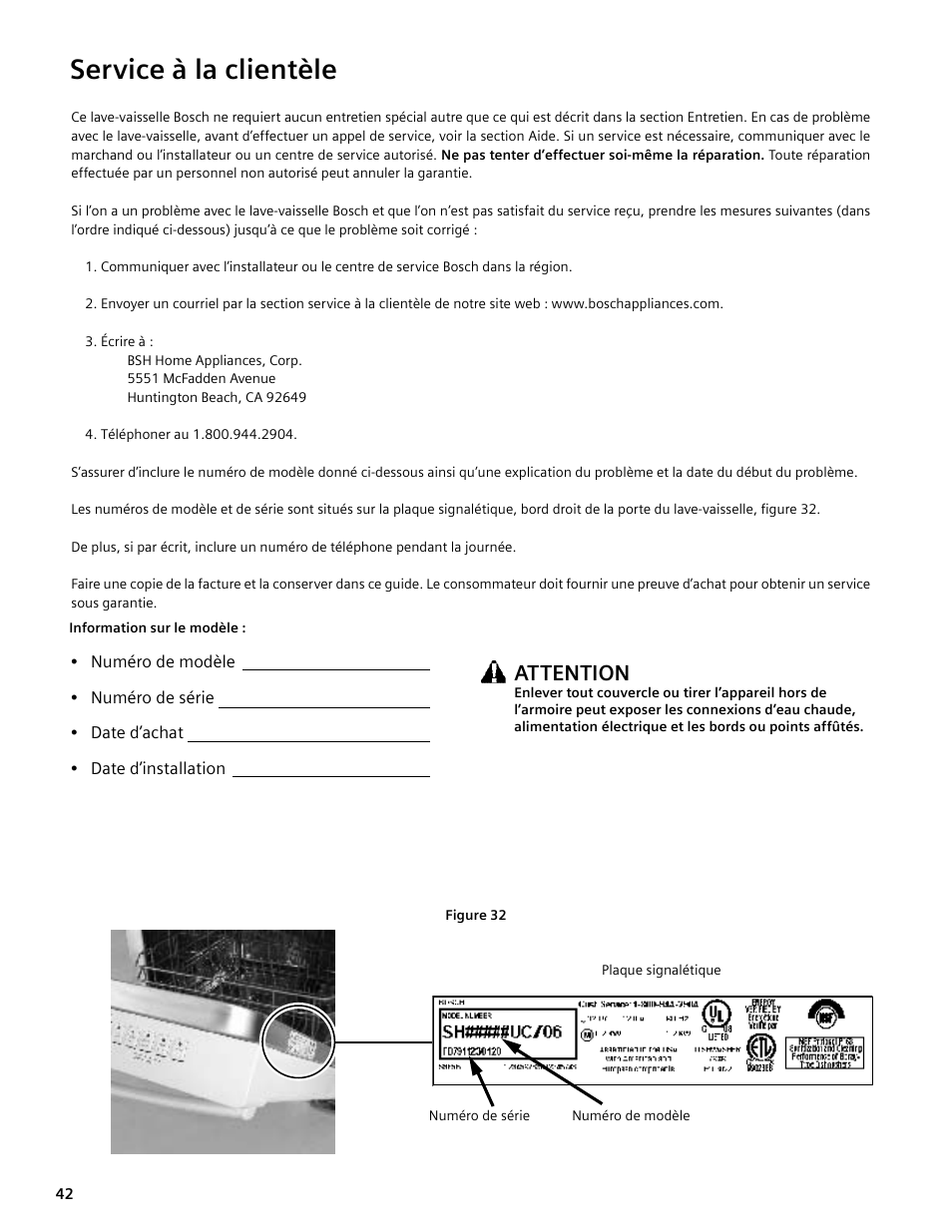 Service à la clientèle, Attention | Bosch SHE4AM User Manual | Page 42 / 64