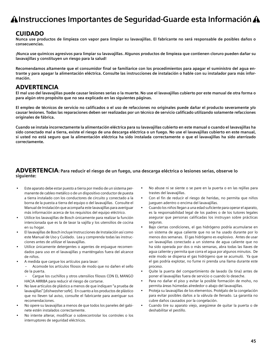 Cuidado, Advertencia | Bosch SHE4AM User Manual | Page 45 / 64