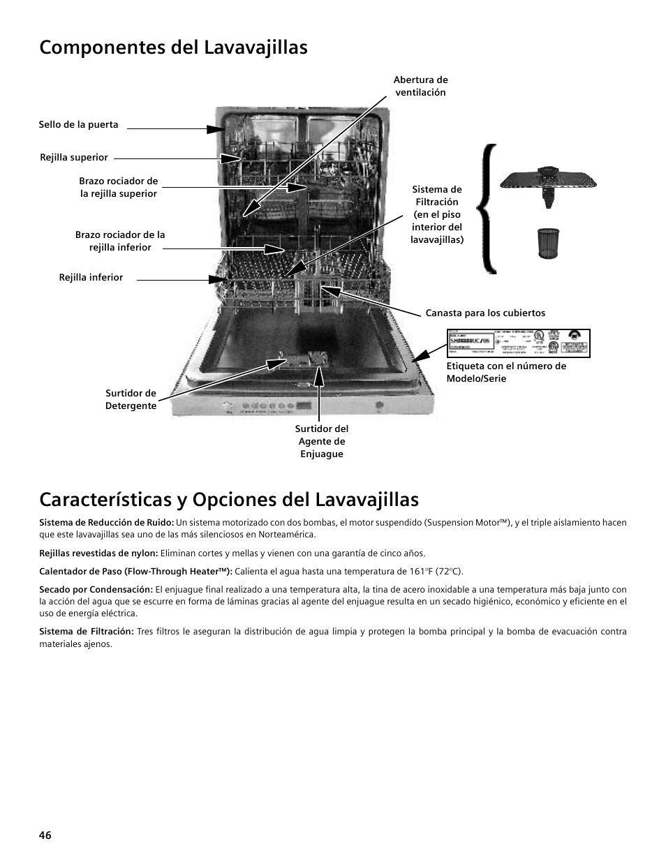 Componentes del lavavajillas, Características y opciones del lavavajillas | Bosch SHE4AM User Manual | Page 46 / 64