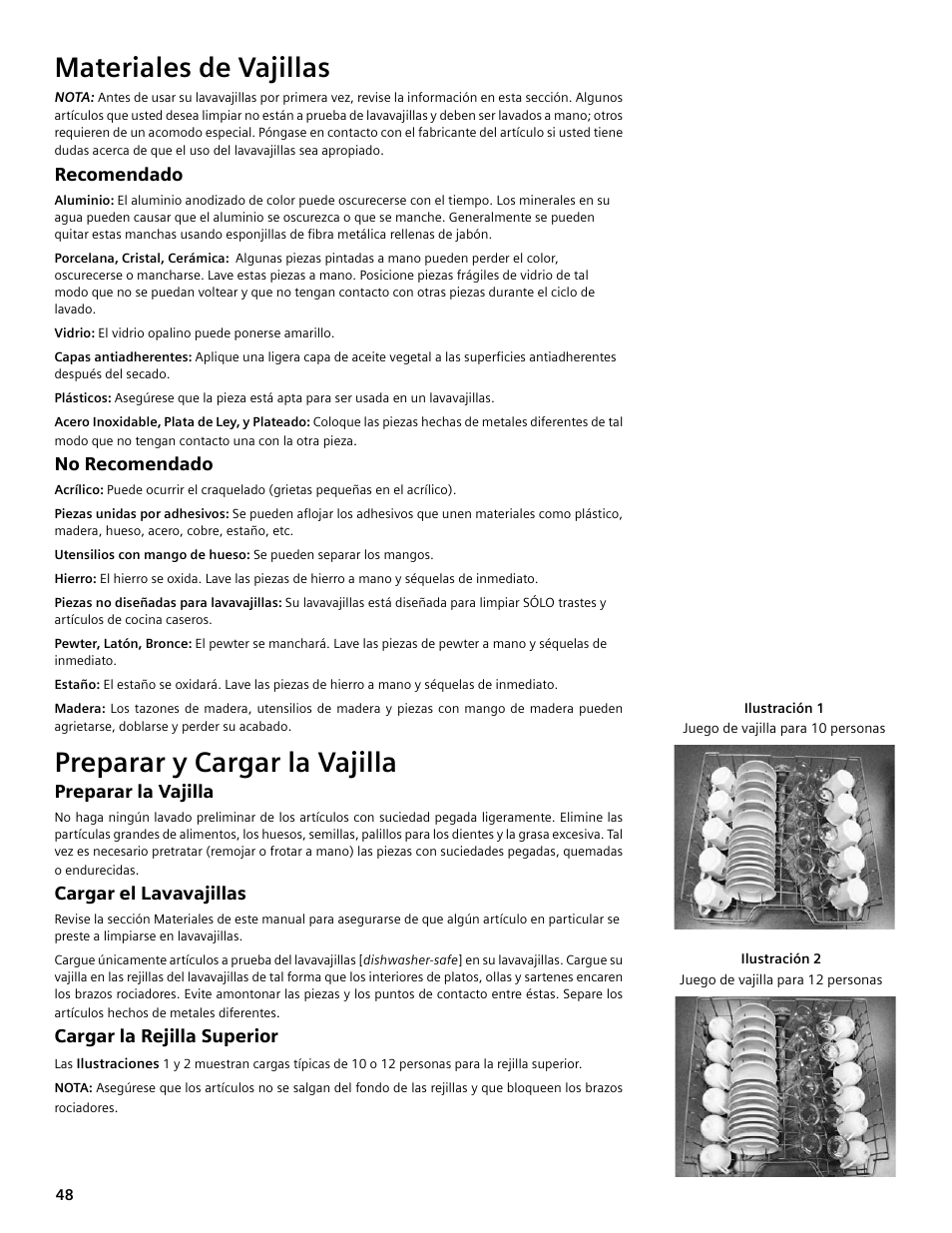 Materiales de vajillas, Preparar y cargar la vajilla | Bosch SHE4AM User Manual | Page 48 / 64