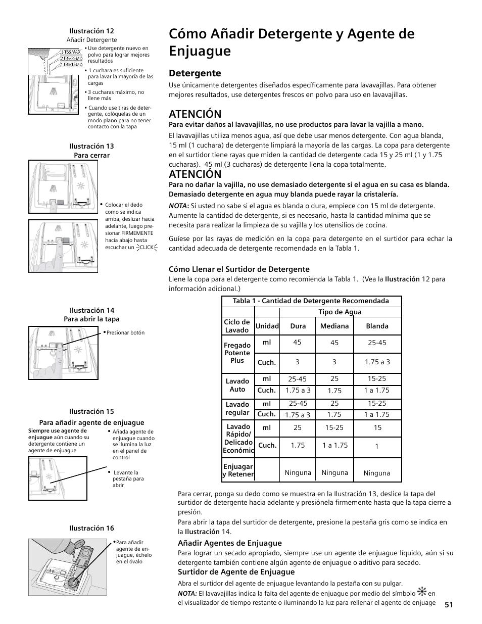 Cómo añadir detergente y agente de enjuague, Atención, Detergente | Bosch SHE4AM User Manual | Page 51 / 64
