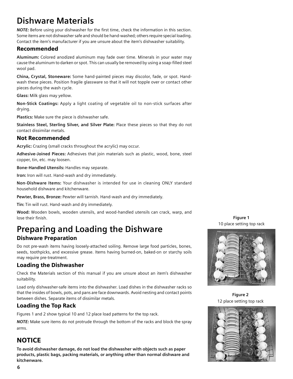 Dishware materials, Preparing and loading the dishware, Notice | Bosch SHE4AM User Manual | Page 6 / 64