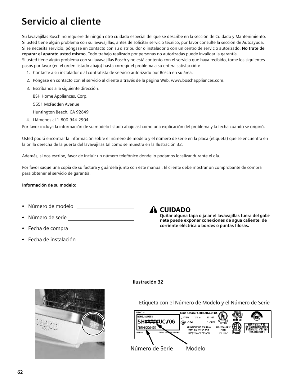 Servicio al cliente, Cuidado | Bosch SHE4AM User Manual | Page 62 / 64