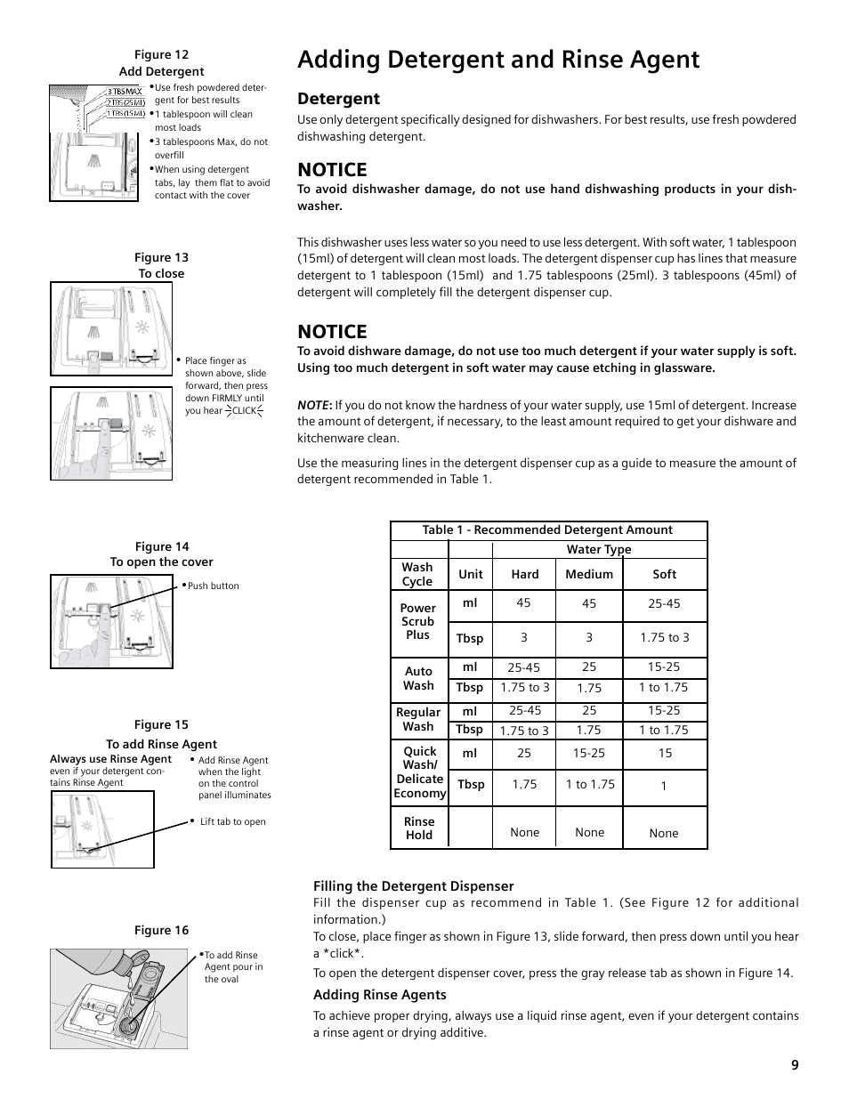 Adding detergent and rinse agent, Notice, Detergent | Bosch SHE4AM User Manual | Page 9 / 64