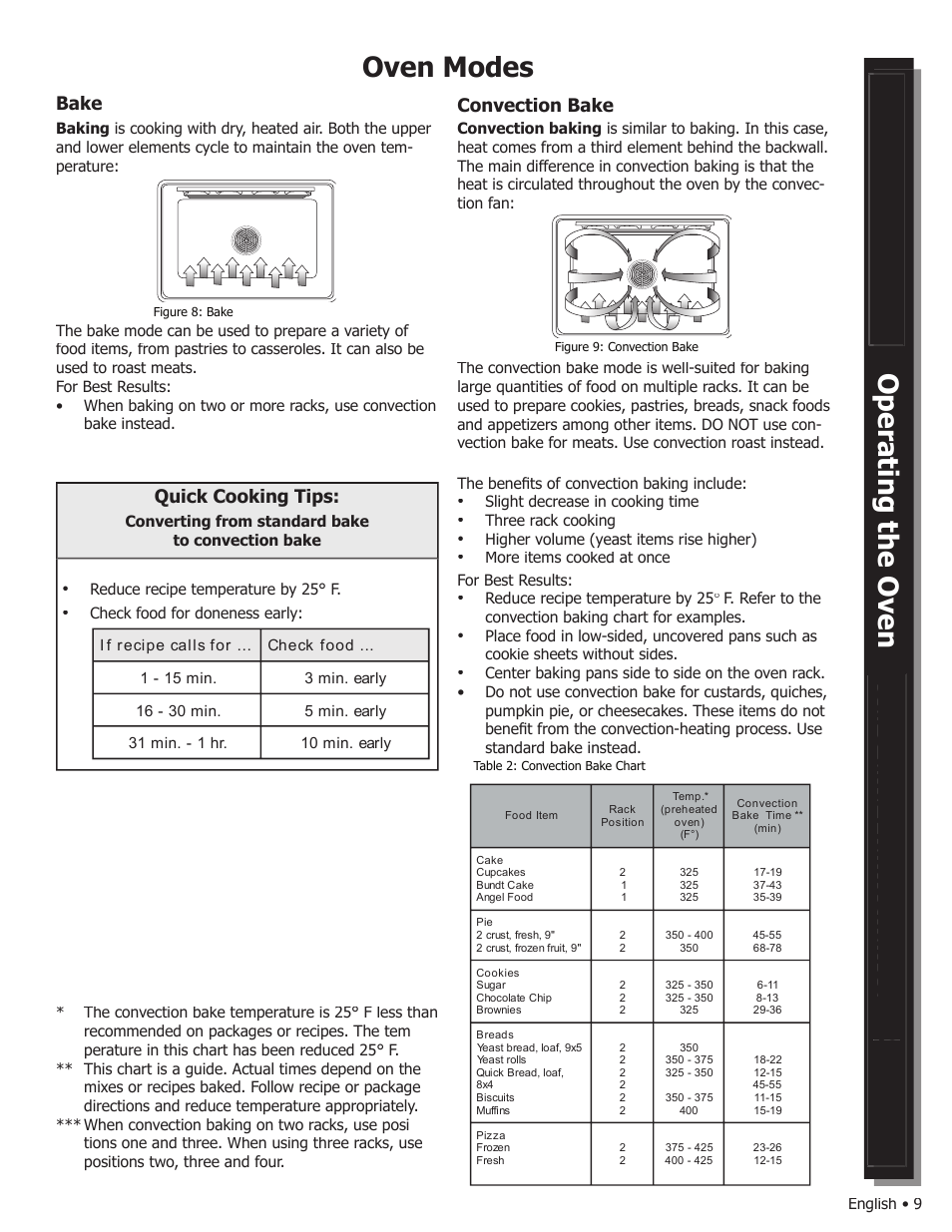 Oven modes, Bake convection bake, Quick cooking tips | Bosch WALL OVENS User Manual | Page 11 / 64