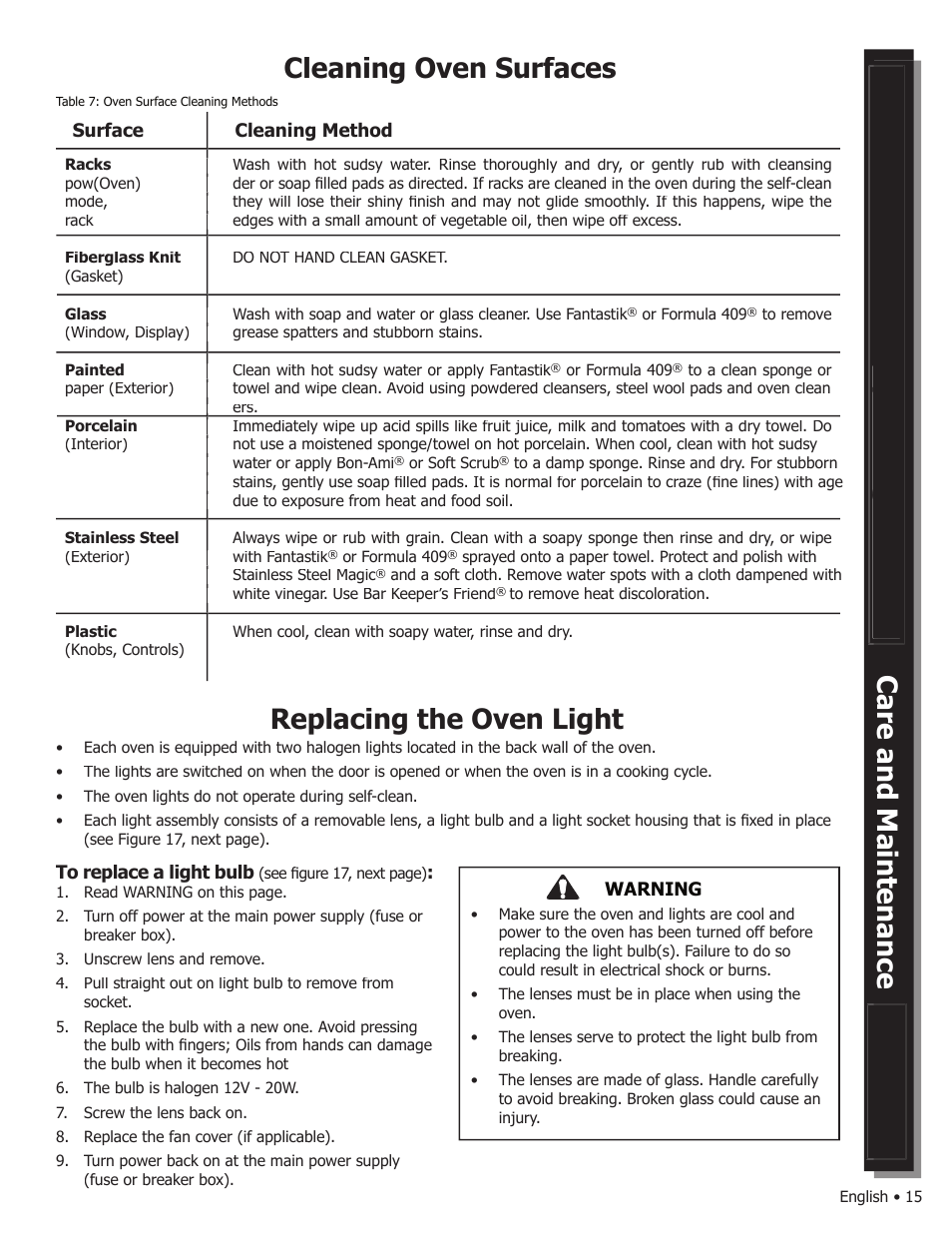 Cleaning oven surfaces, Replacing the oven light | Bosch WALL OVENS User Manual | Page 17 / 64