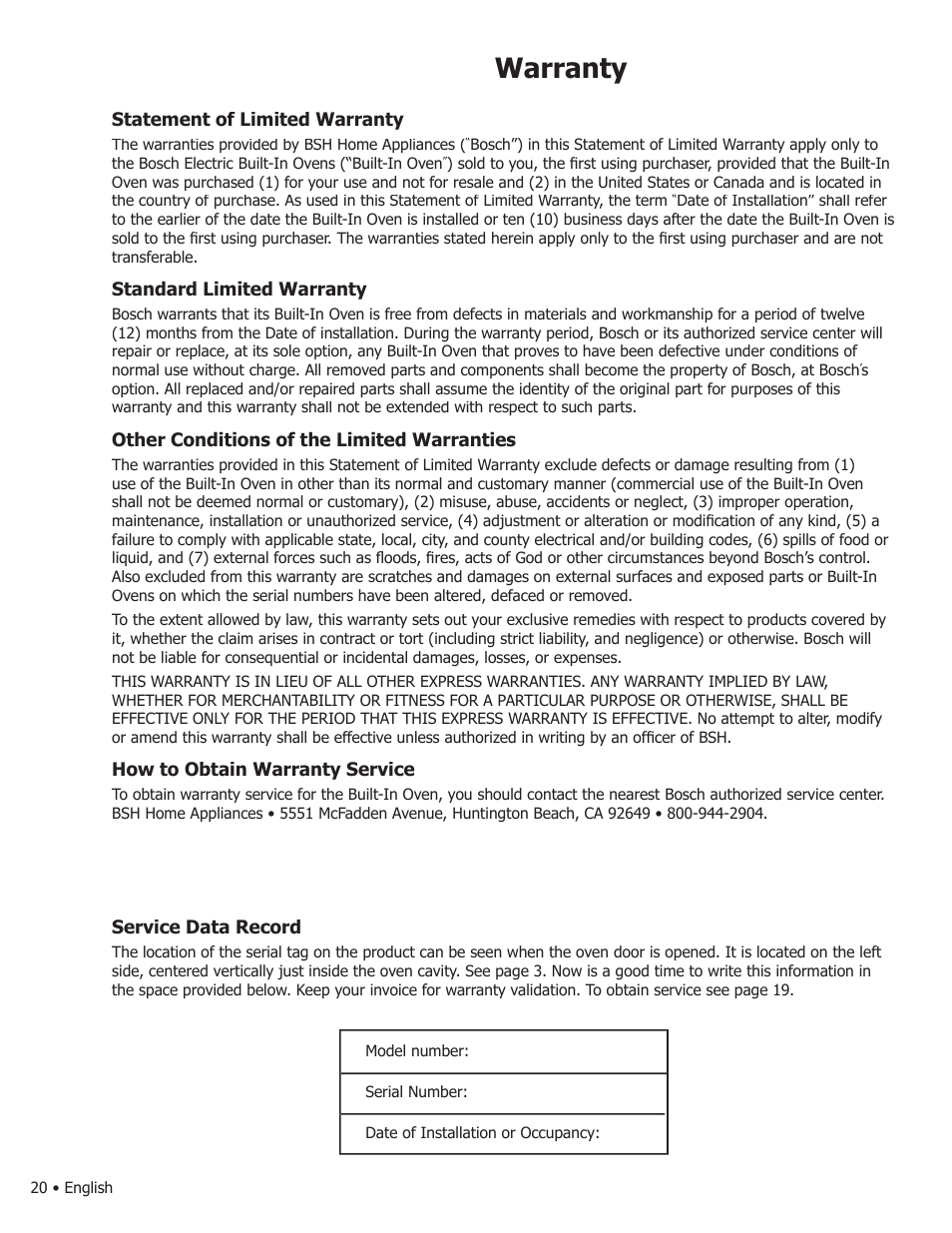 Warranty | Bosch WALL OVENS User Manual | Page 22 / 64