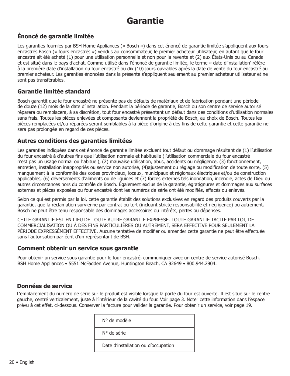 Garantie | Bosch WALL OVENS User Manual | Page 42 / 64