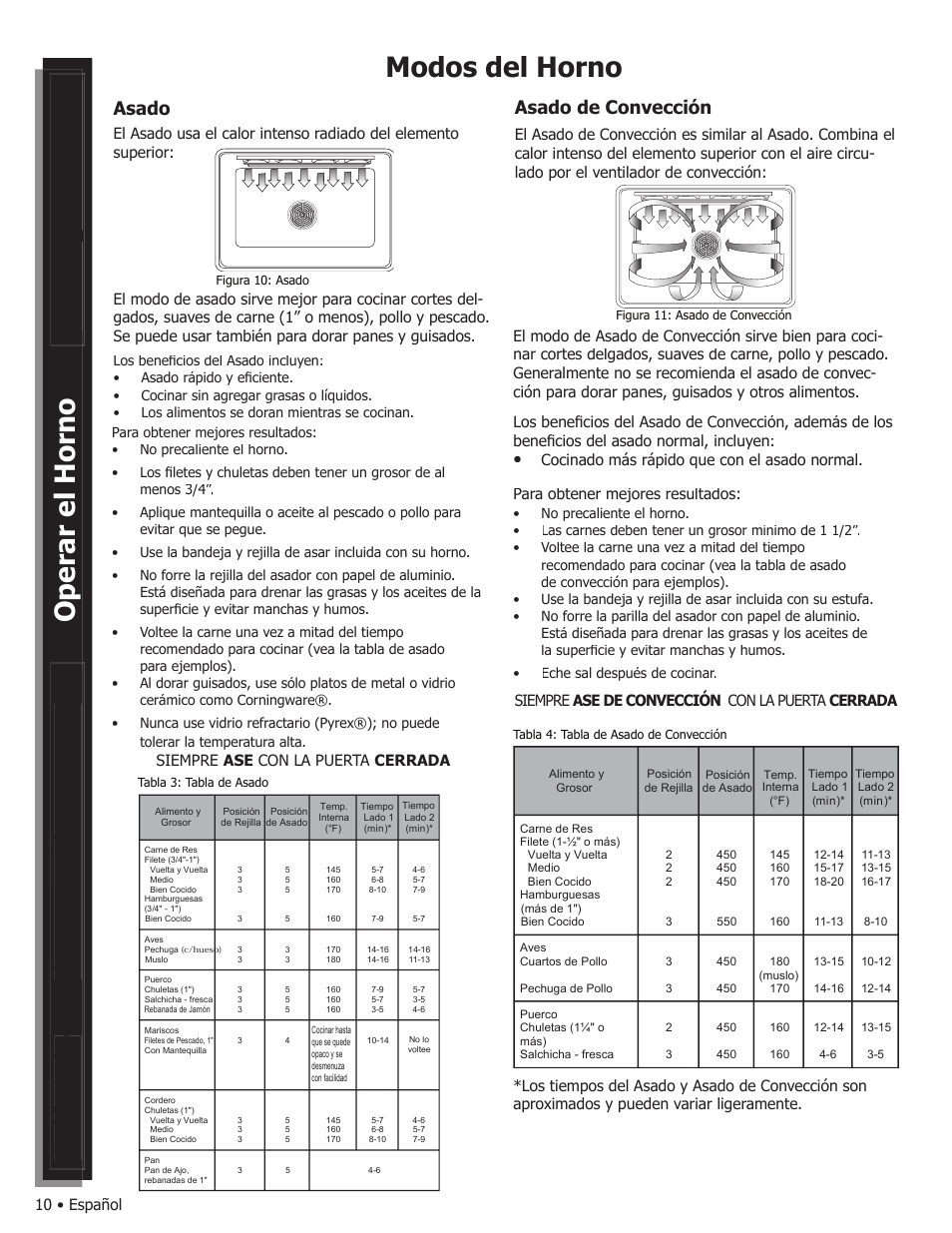 Modos del horno, Asado de convección asado, 10 • español | Bosch WALL OVENS User Manual | Page 52 / 64