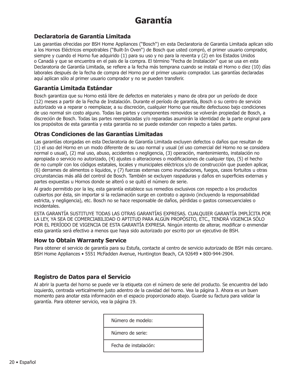 Garantía | Bosch WALL OVENS User Manual | Page 62 / 64