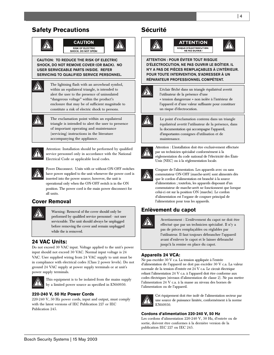 Safety precautions, Sécurité, Cover removal 24 vac units | Enlèvement du capot | Bosch BasicDome Serien User Manual | Page 4 / 24