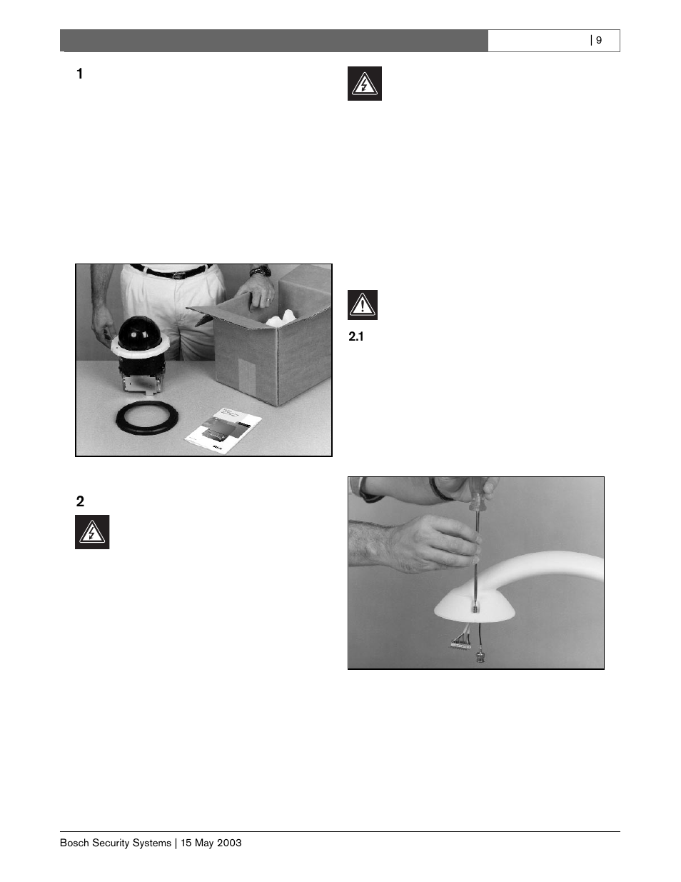 1 udpakning, 2installation, 1 installation (pendel huse) | Bosch BasicDome Serien User Manual | Page 9 / 24