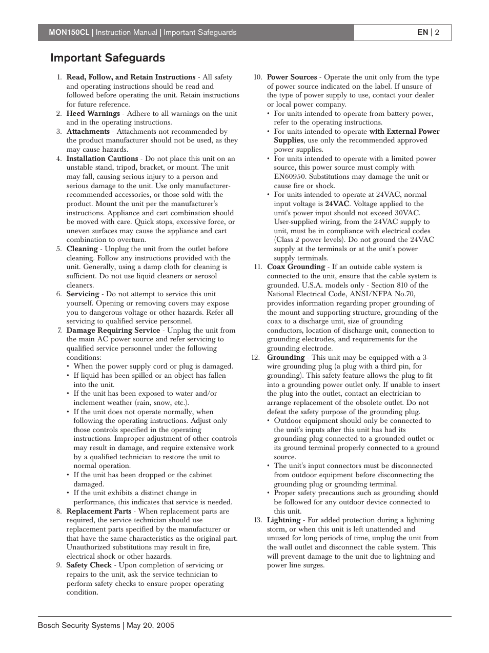 Important safeguards | Bosch MON150CL User Manual | Page 2 / 16