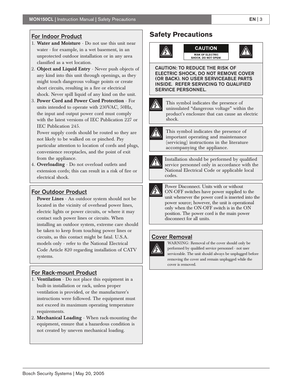 Safety precautions | Bosch MON150CL User Manual | Page 3 / 16