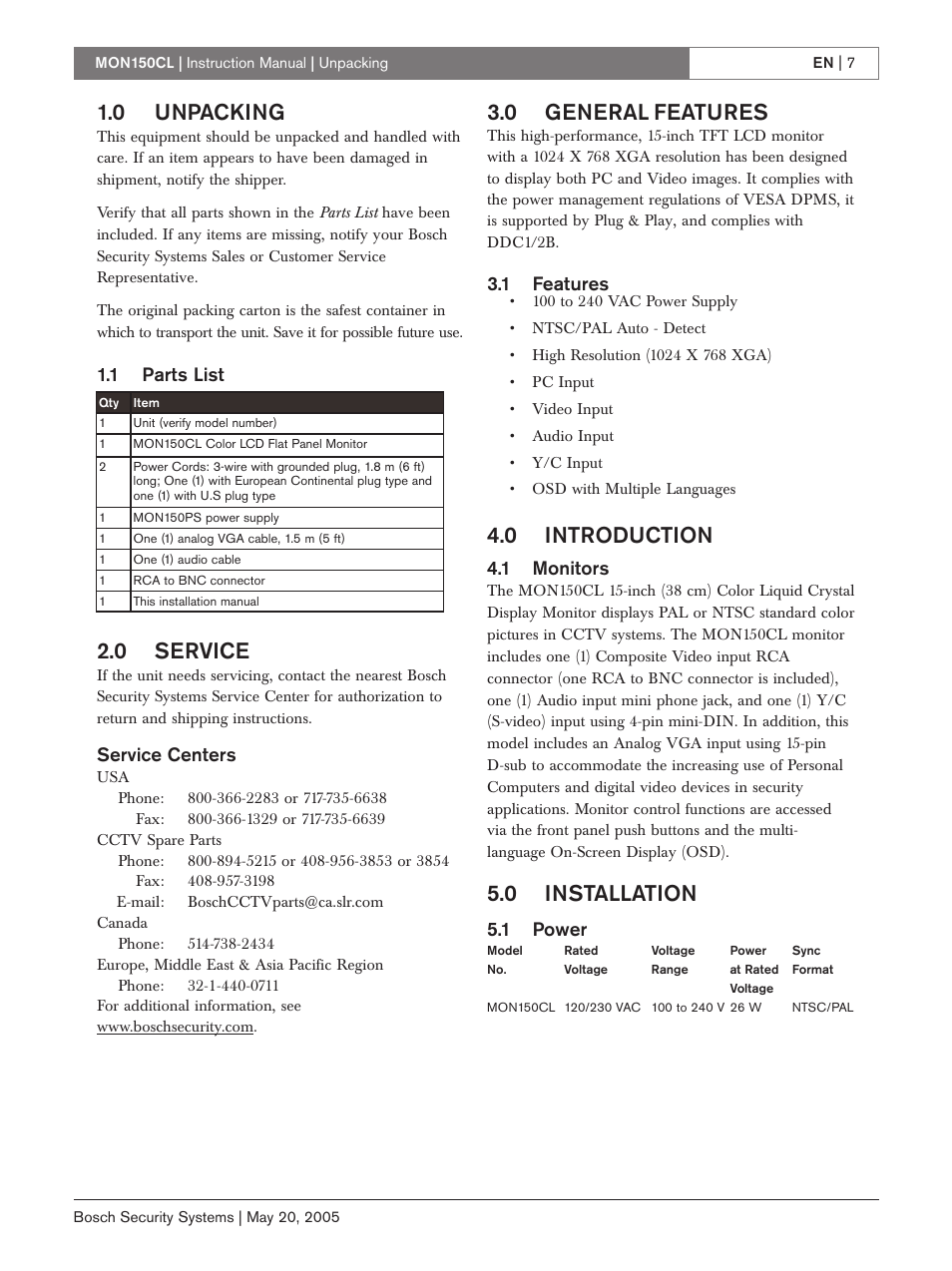 0 unpacking, 0 service, 0 general features | 0 introduction, 0 installation, 1 parts list, Service centers, 1 features, 1 monitors, 1 power | Bosch MON150CL User Manual | Page 7 / 16