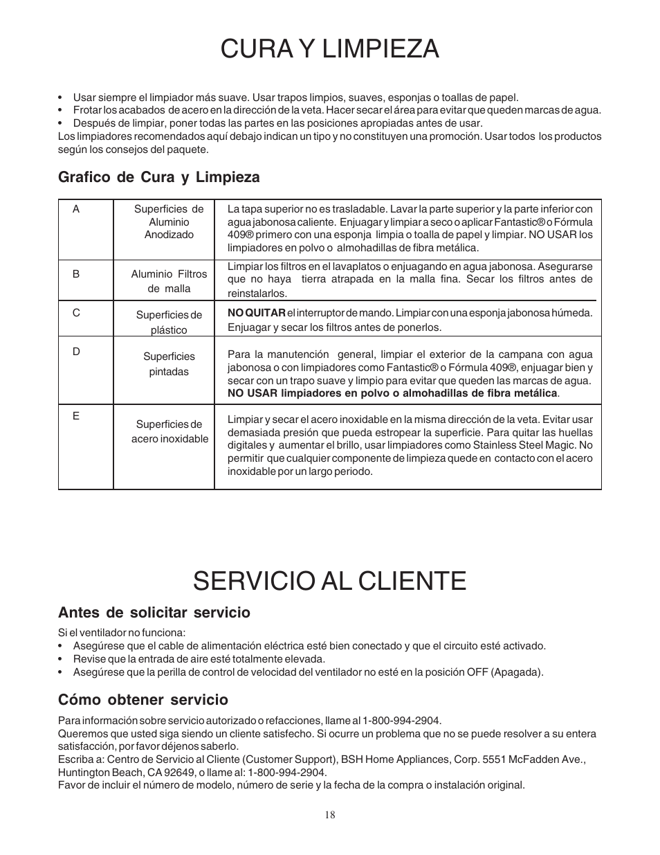 Servicio al cliente, Cura y limpieza, Antes de solicitar servicio | Cómo obtener servicio, Grafico de cura y limpieza | Bosch DUH36152UC User Manual | Page 18 / 20