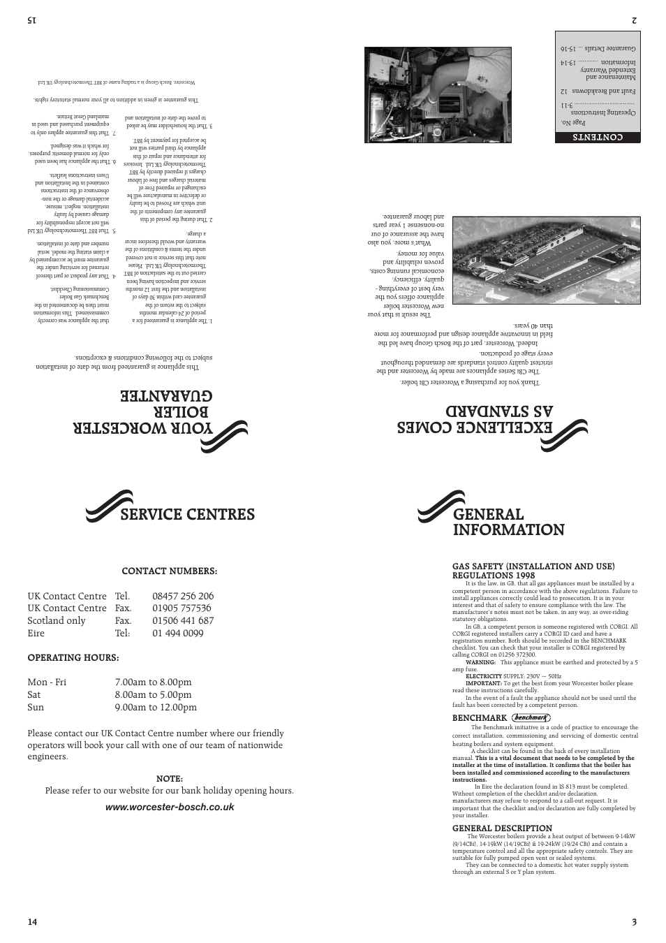 Excellence comes as standard, Your worcester boiler guar antee, General information | Service centres | Bosch BENCHMARK 14/19 User Manual | Page 2 / 4