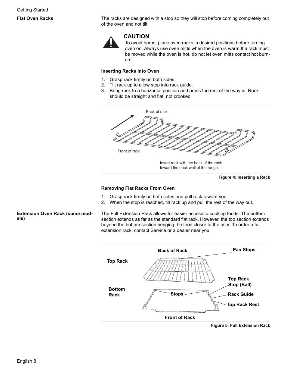 Flat oven racks, Grasp rack firmly on both sides, Tilt rack up to allow stop into rack guide | Figure 4: inserting a rack, Extension oven rack (some models), Figure 5: full extension rack | Bosch Gas Ranges User Manual | Page 10 / 48