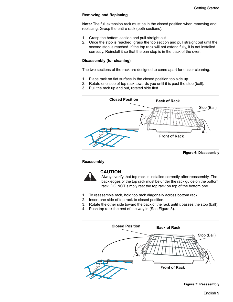 Grasp the bottom section and pull straight out, Pull the rack up and out, rotated side first, Figure 6: disassembly | Insert one side of top rack to closed position, Figure 7: reassembly | Bosch Gas Ranges User Manual | Page 11 / 48