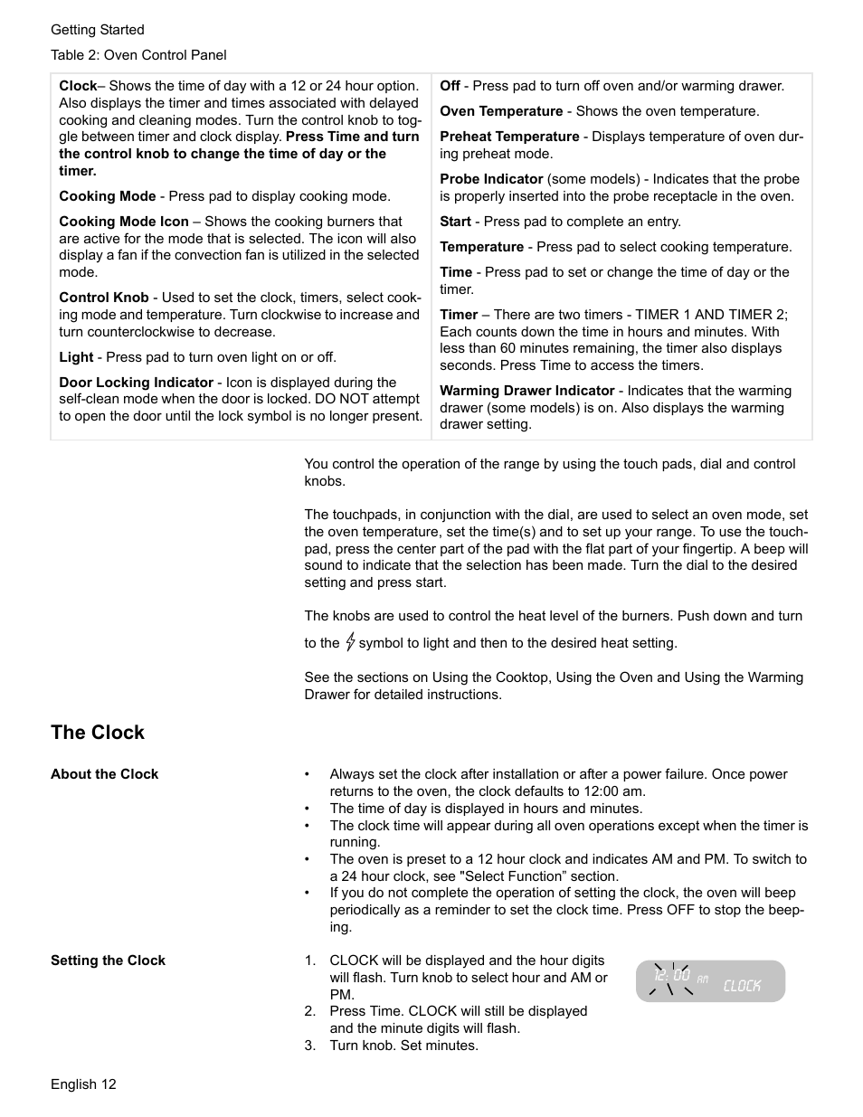 Table 2: oven control panel, The clock, About the clock | Setting the clock, Clock, Turn knob. set minutes | Bosch Gas Ranges User Manual | Page 14 / 48