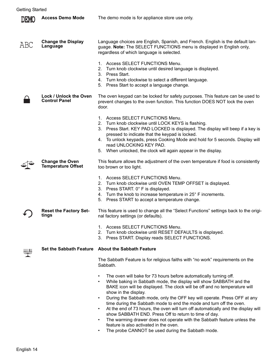 Access demo mode, Change the display language, Access select functions menu | Press start, Turn knob clockwise to select a different language, Press start to accept a language change, Lock / unlock the oven control panel, Turn knob clockwise until lock keys is flashing, Change the oven temperature offset, Press start. 0˚ f is displayed | Bosch Gas Ranges User Manual | Page 16 / 48