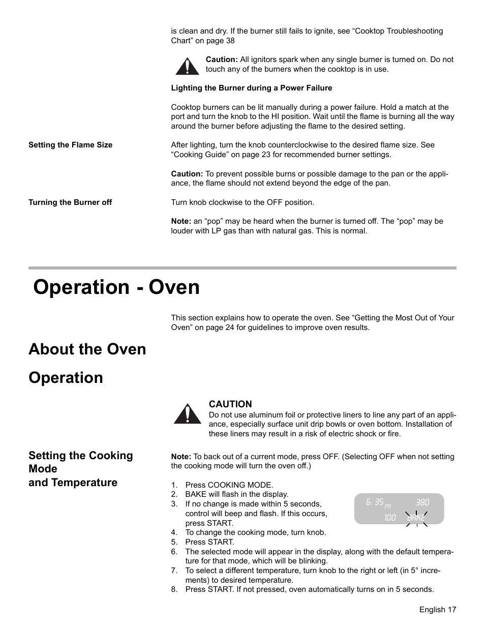 Setting the flame size, Turning the burner off, Operation - oven | About the oven, Operation, Setting the cooking mode and temperature, Press cooking mode, Bake will flash in the display, Bake, To change the cooking mode, turn knob | Bosch Gas Ranges User Manual | Page 19 / 48