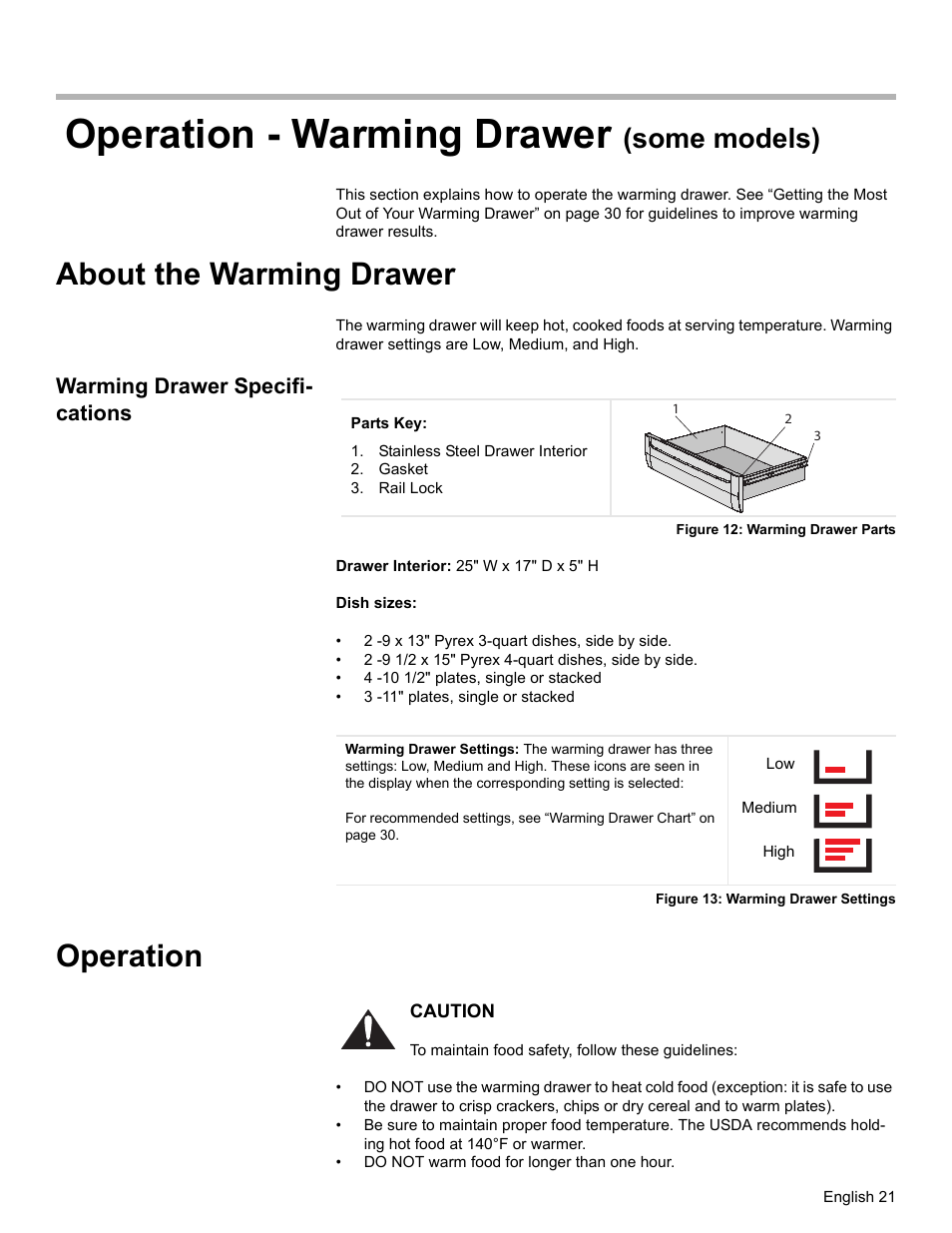 Operation - warming drawer (some models), About the warming drawer, Warming drawer specifications | Stainless steel drawer interior, Gasket, Rail lock, Figure 12: warming drawer parts, Figure 13: warming drawer settings, Operation, Operation - warming drawer | Bosch Gas Ranges User Manual | Page 23 / 48