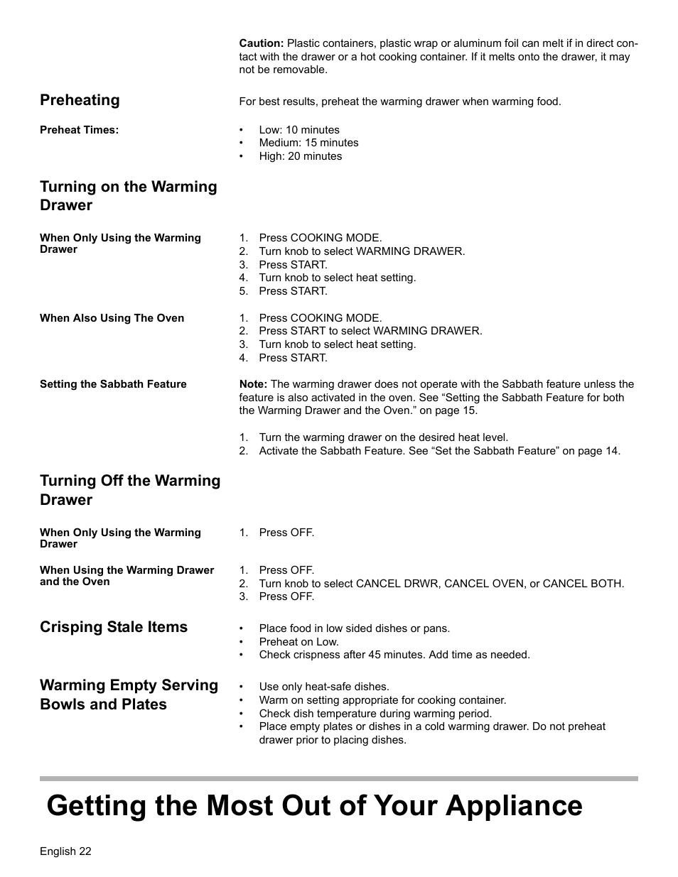 Preheating, Preheat times, Turning on the warming drawer | When only using the warming drawer, Press cooking mode, Turn knob to select warming drawer, Press start, Turn knob to select heat setting, When also using the oven, Press start to select warming drawer | Bosch Gas Ranges User Manual | Page 24 / 48