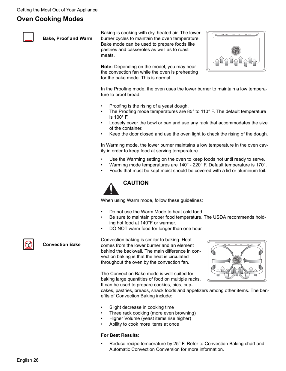 Oven cooking modes, Bake, proof and warm, Convection bake | Bosch Gas Ranges User Manual | Page 28 / 48