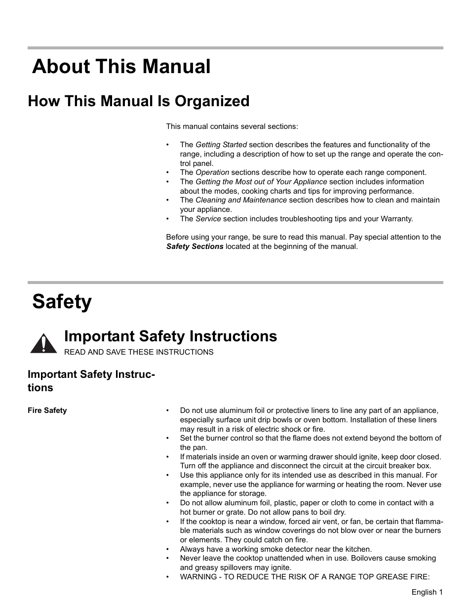 About this manual, How this manual is organized, Safety | Important safety instructions, Fire safety, About this manual safety, Important safety instruc- tions | Bosch Gas Ranges User Manual | Page 3 / 48