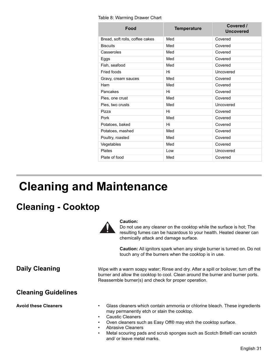 Cleaning and maintenance, Cleaning - cooktop, Daily cleaning | Cleaning guidelines, Avoid these cleaners | Bosch Gas Ranges User Manual | Page 33 / 48