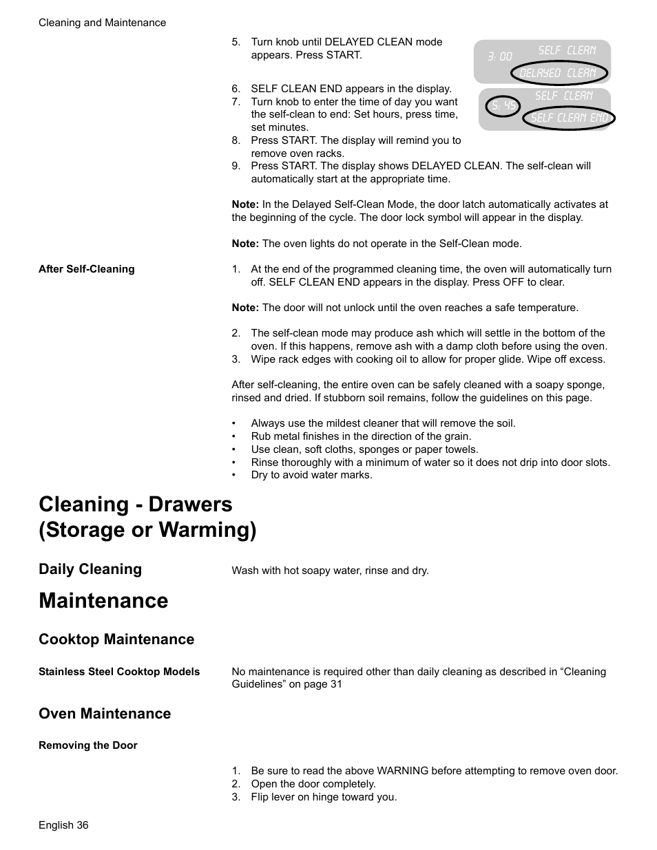 Self clean end appears in the display, After self-cleaning, Cleaning - drawers (storage or warming) | Daily cleaning, Maintenance, Cooktop maintenance, Stainless steel cooktop models, Oven maintenance, Removing the door, Open the door completely | Bosch Gas Ranges User Manual | Page 38 / 48