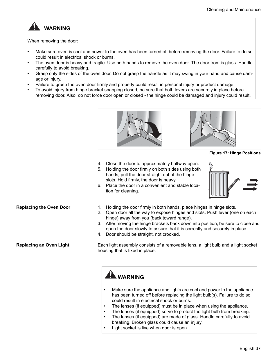 Figure 17: hinge positions, Close the door to approximately halfway open, Replacing the oven door | Door should be straight, not crooked, Replacing an oven light | Bosch Gas Ranges User Manual | Page 39 / 48