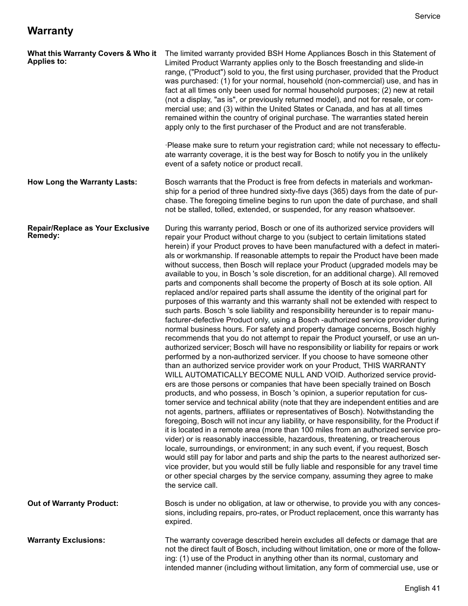 Warranty, What this warranty covers & who it applies to, How long the warranty lasts | Repair/replace as your exclusive remedy, Out of warranty product, Warranty exclusions | Bosch Gas Ranges User Manual | Page 43 / 48